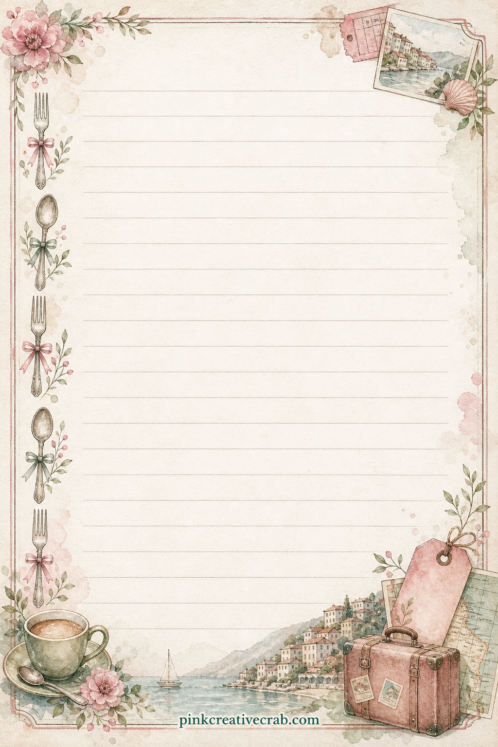 Menu Lined Page printable page — A band of small fork and spoon motifs runs down the left edge beside the ruled lines. Travel junk journal