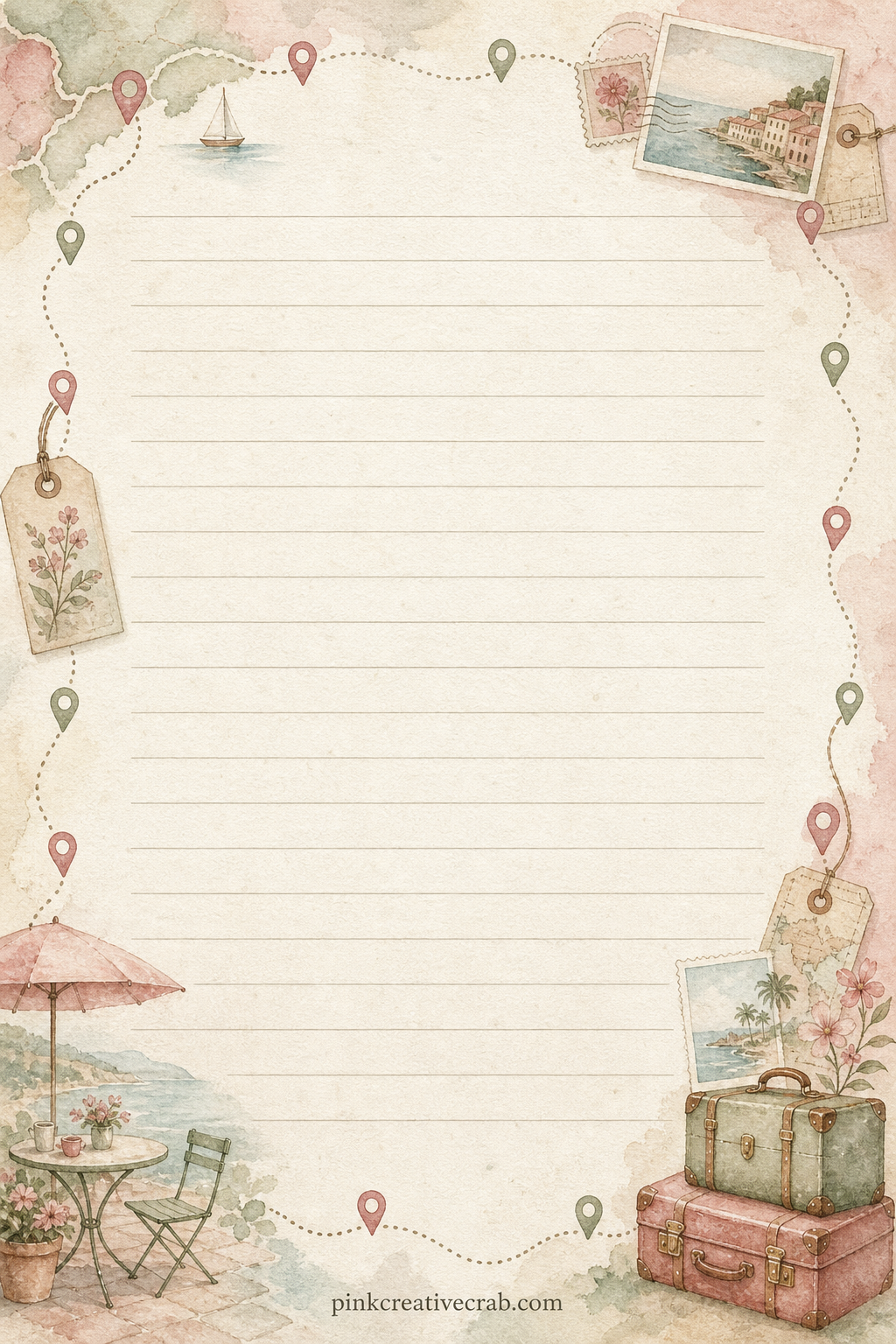 Map Pin Lined Page printable page — A light frame of tiny map pins and dotted routes surrounds the ruled lines. Travel junk journal