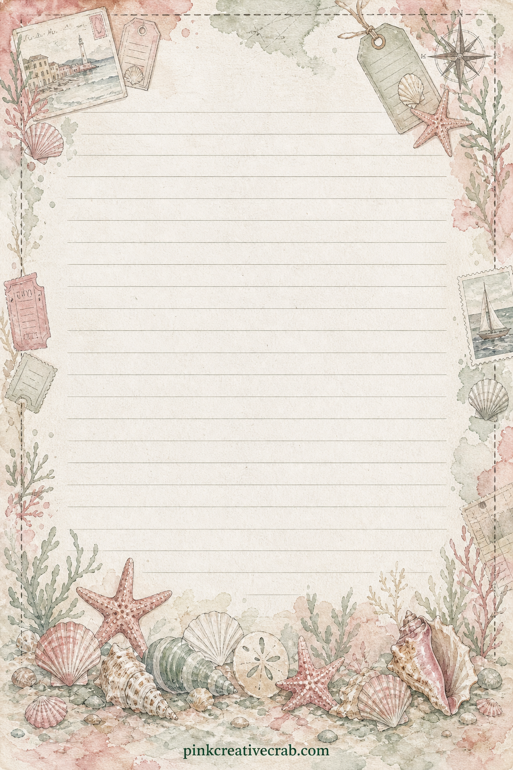 Seashell Border Lined Page printable page — A scattered border of small shells and starfish lines the bottom edge beneath the ruled lines. Travel junk journal