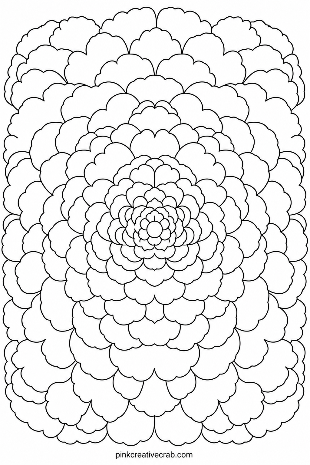 Peony Petal Mandala printable page — Gel pens in warm pinks and corals work well here since the petal shapes are wide and rounded, giving plenty of room to