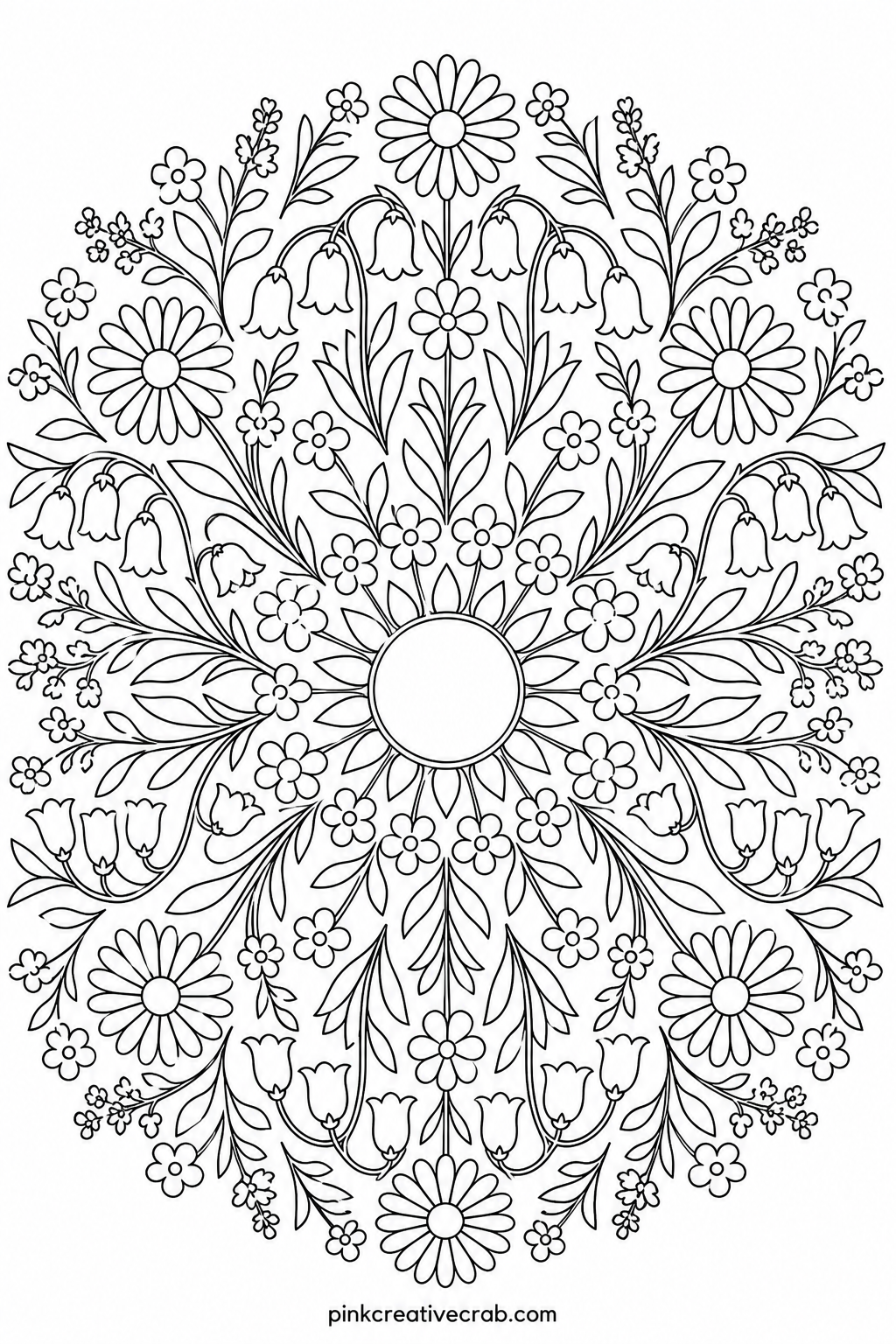 Wildflower Ring Mandala printable page — A common mistake on this page is coloring every small flower the same shade, which flattens the whole ring into one