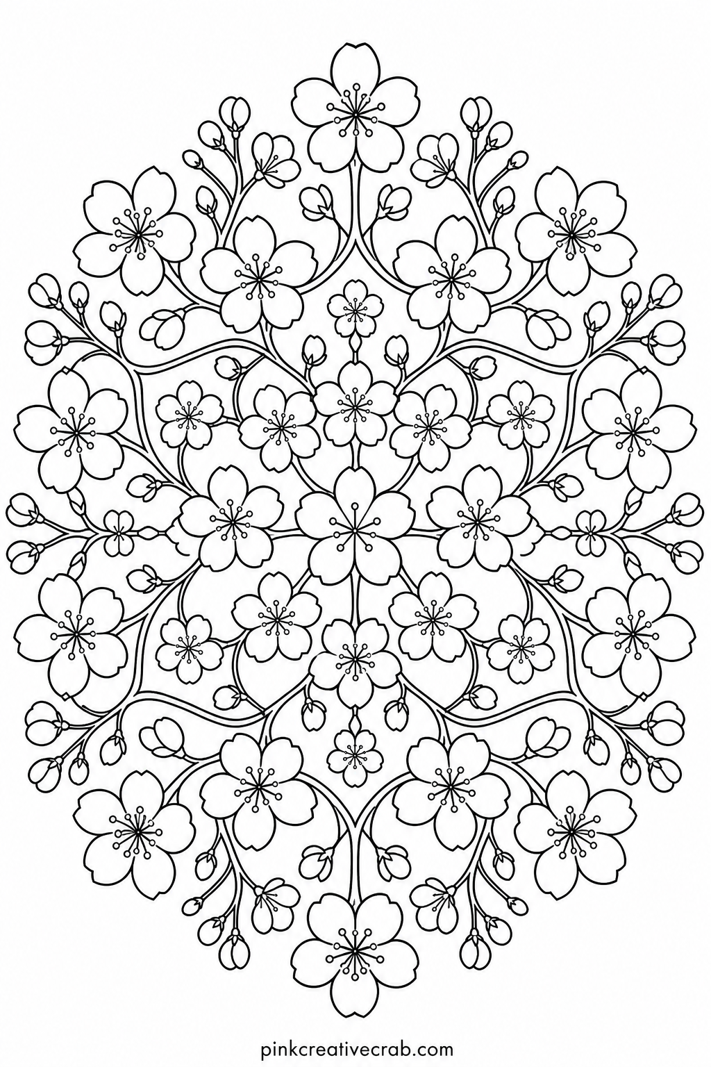 Cherry Blossom Mandala printable page — Pair this one with the Snowflake Mandala further down the set for a pair of cards, one soft and pink for spring, one