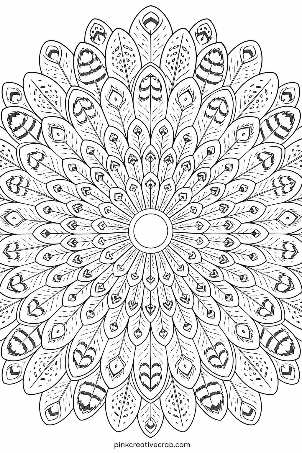 Owl Feather Mandala printable page — Soft grays, browns and warm creams suit this one best, since real owl feathers rarely carry bright color, and a muted