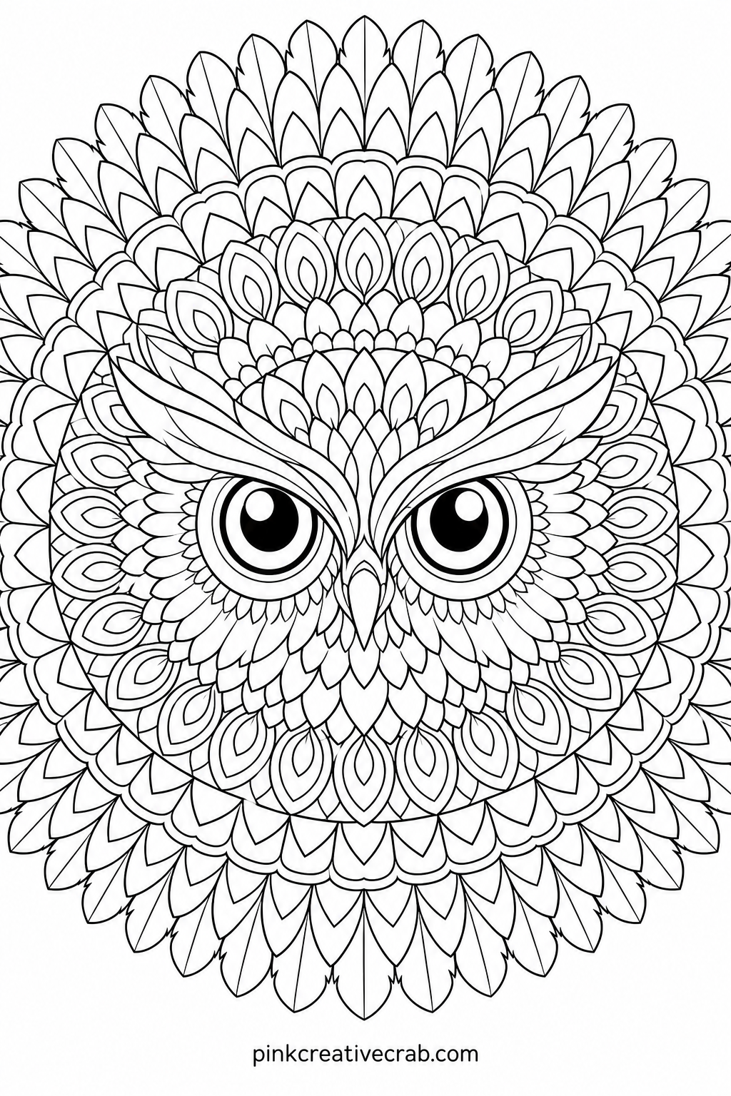 Owl Eyes Mandala printable page — Two large owl eyes anchor the center of this mandala, surrounded by rings of small feather patterns that spiral outward