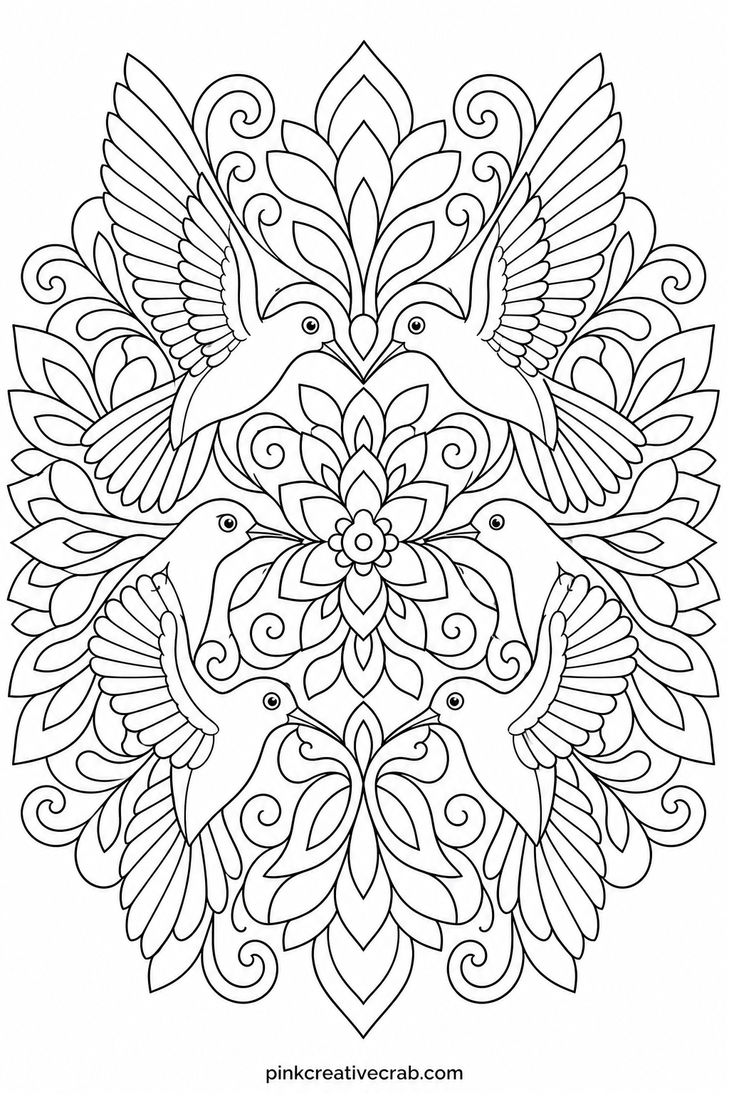 Hummingbird Mandala printable page — Suits someone newer to detailed coloring, since the bird shapes are larger and simpler than the feather rings elsewhere in
