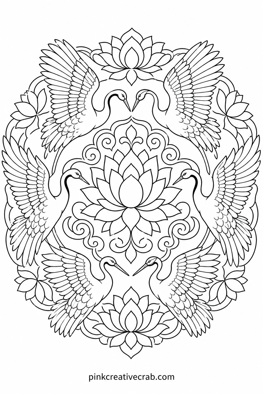 Crane and Lotus Mandala printable page — Pair this sheet with the Lotus Bloom Mandala earlier in the set, since both share the same flower motif, one as the