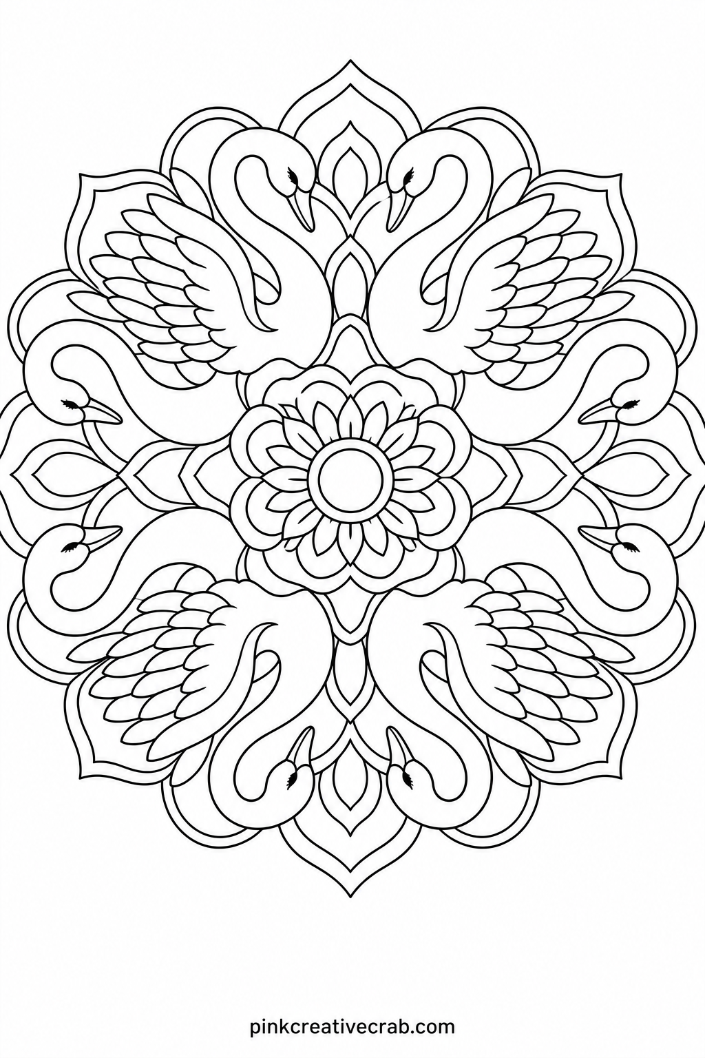 Swan Ring Mandala printable page — Repeating the same two colors around every swan in the ring keeps the pattern readable even from across a room, which