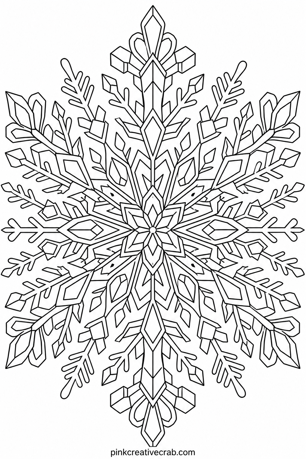 Snowflake Mandala printable page — Built on strict six-point symmetry the way real snowflakes form, this sheet suits a colorer who enjoys counting and