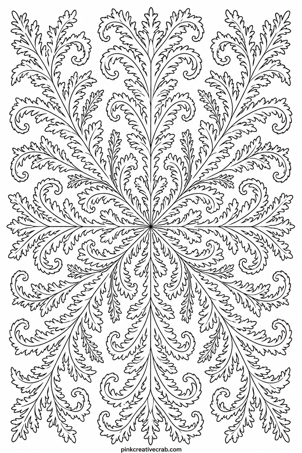 Frost Fern Mandala printable page — Metallic silver or icy blue gel pens suit the fine fern fronds here, and starting at the outer tips rather than the center