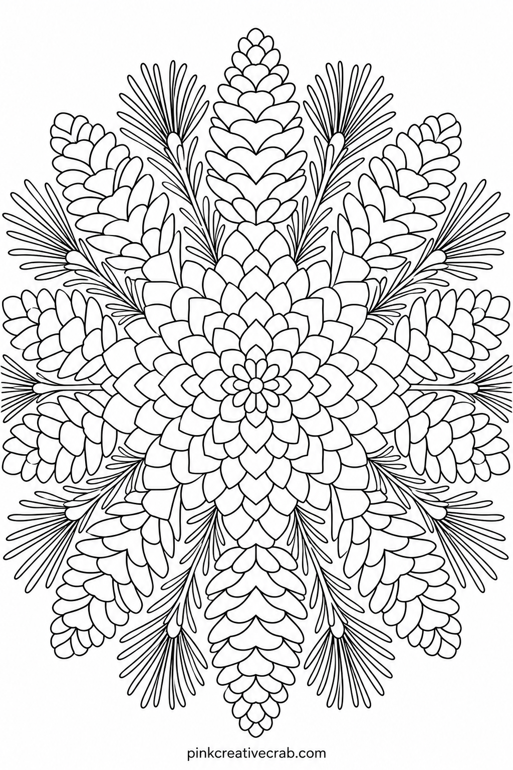 Pinecone and Pine Needle Mandala printable page — Browns, deep greens and a touch of warm gold bring this one closer to an actual woodland scene than most
