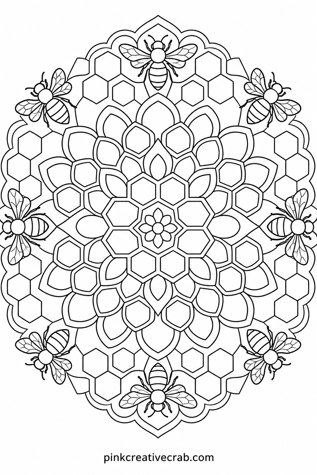 Honeycomb and Bee Mandala printable page — Golds, ambers and a soft black for the bees themselves keep this page close to its real-world subject, and working