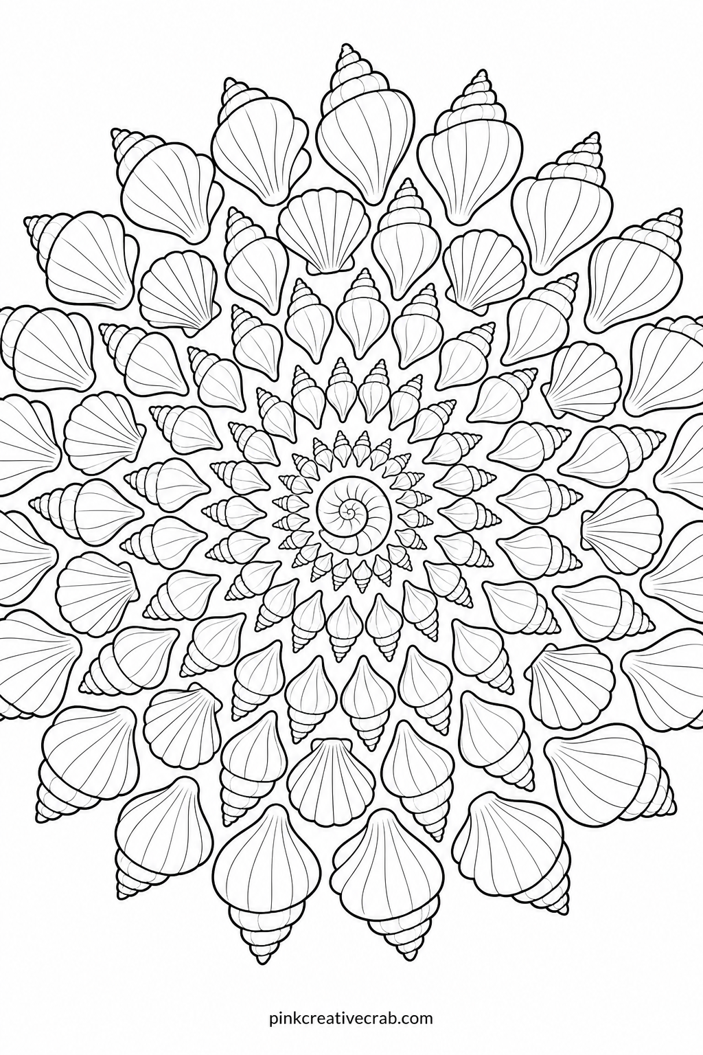 Seashell Spiral Mandala printable page — Pair this sheet with a beach or ocean coloring session, since the spiral shell shapes repeat the same curve the whole