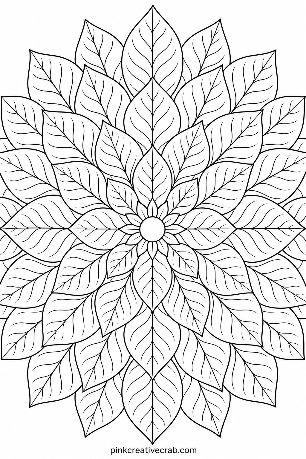 Leaf Vein Mandala printable page — Ten minutes is enough to finish the center ring alone if time is short, since the outer leaf border can wait for another