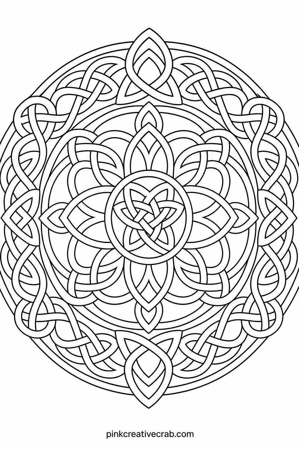 Celtic Knot Mandala printable page — Unlike the floral pages in this set, every line here is continuous, looping back on itself the way a true knot does, which
