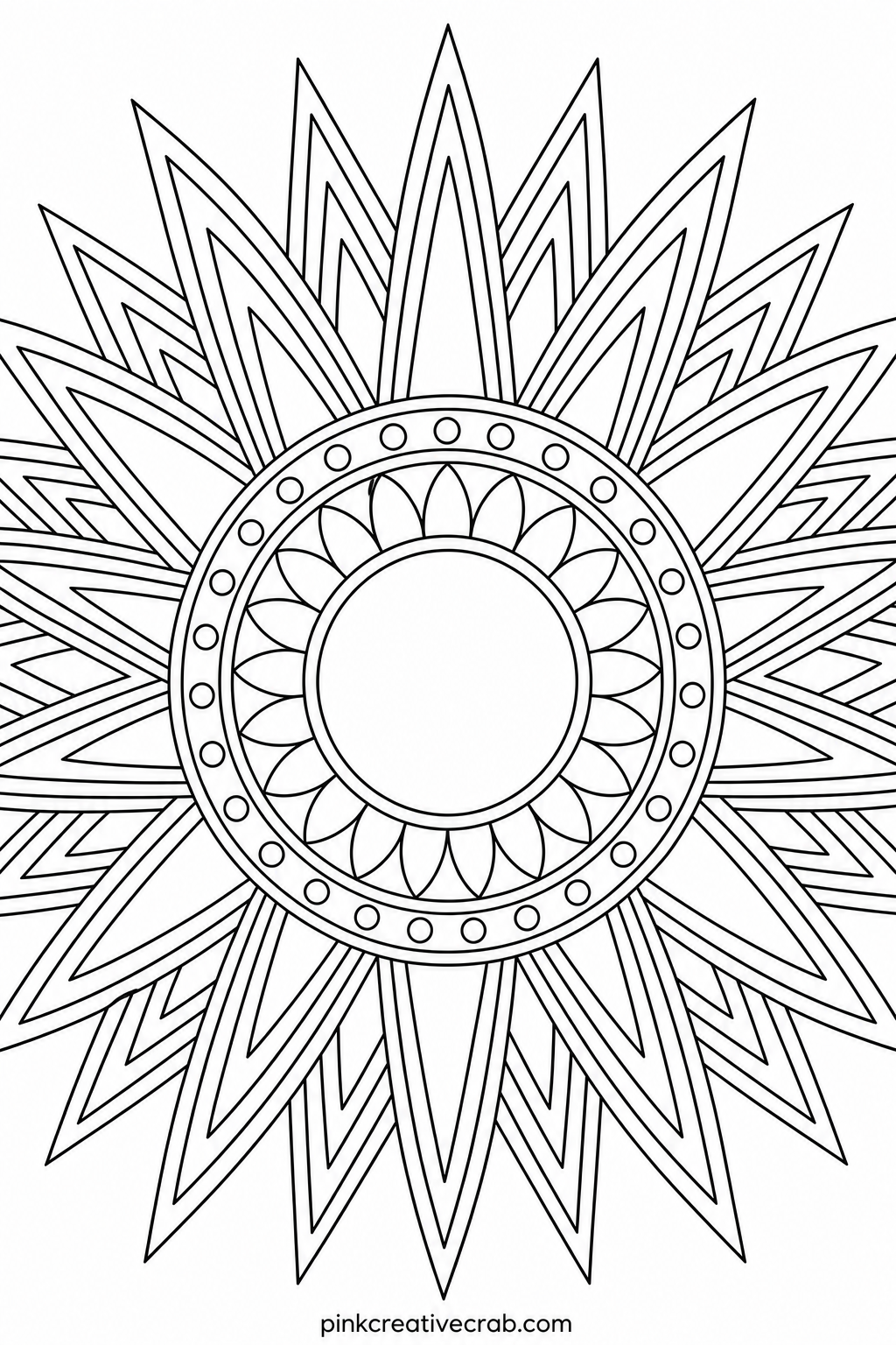 Sun Ray Mandala printable page — Warm yellows, oranges and a touch of red suit the radiating rays here, and a reader just getting into detailed coloring will