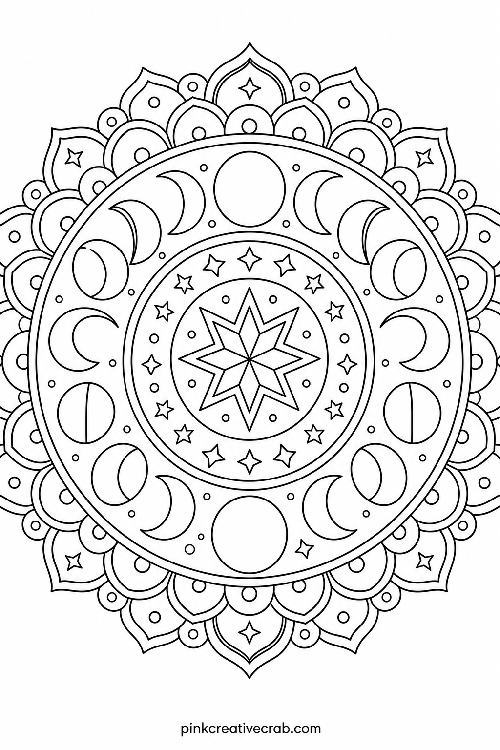 Moon Phase Mandala printable page — A full ring of moon phases, from slim crescent to full circle and back again, forms the outer border of this mandala