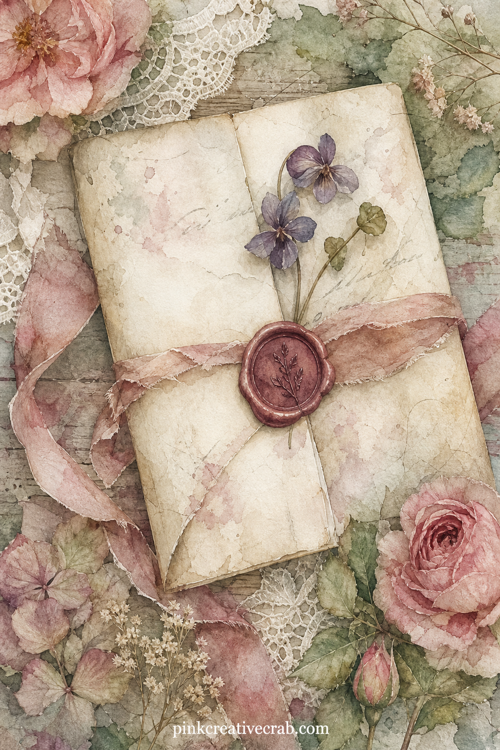 Old Love Letter Spread printable page — Folded cream paper, a wax seal and a faded ribbon sit across the page, with a pressed violet tucked into the fold and