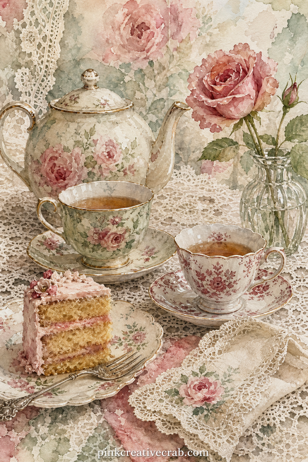 1920s Tea Room Page printable page — A painted teapot, two mismatched cups and a slice of cake sit on a lace-edged cloth, with a folded napkin and a single
