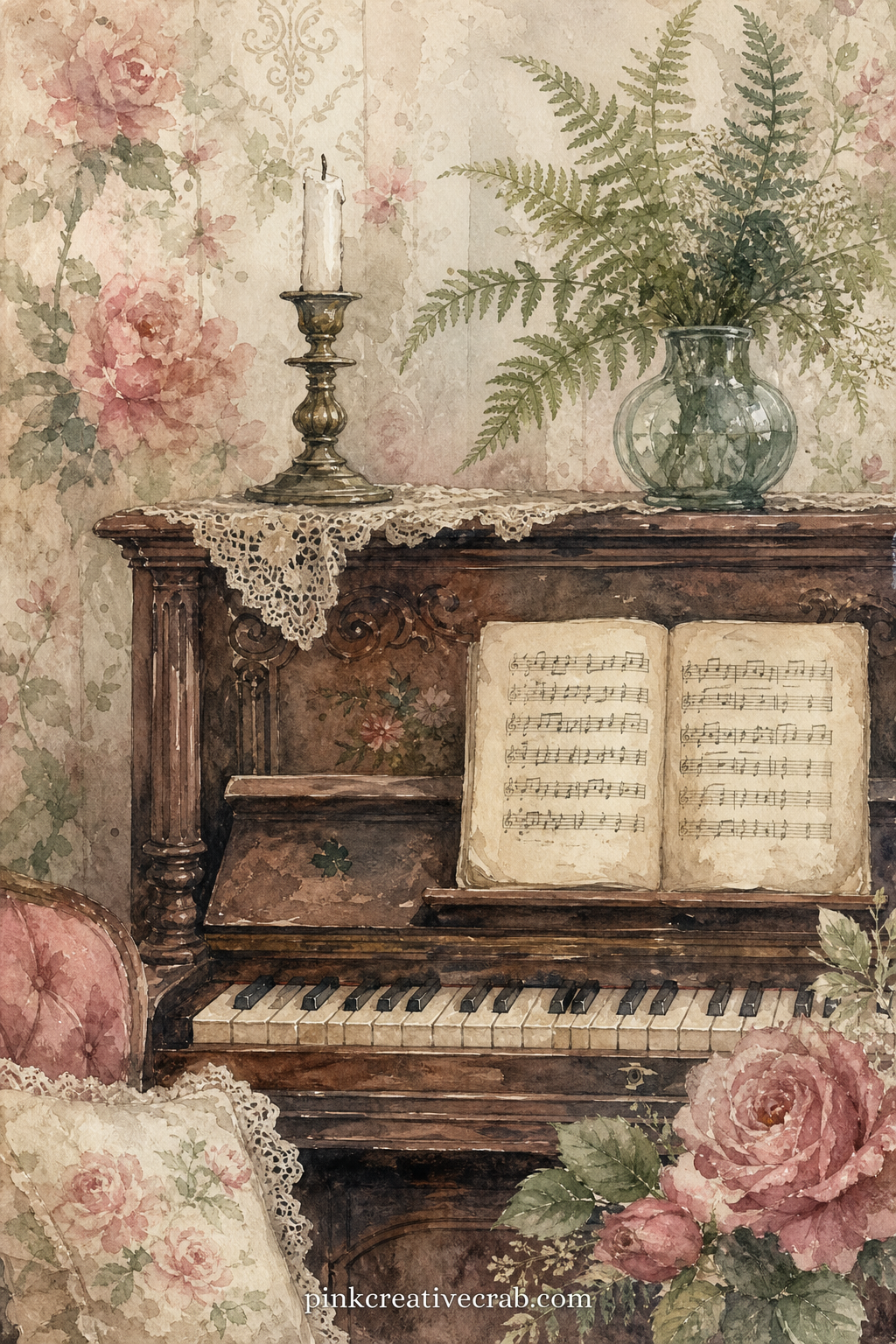 Parlour Piano Page printable page — Tear the bottom edge of this page roughly, as if a page fell out of an old hymn book, then glue a scrap of sheet music or a