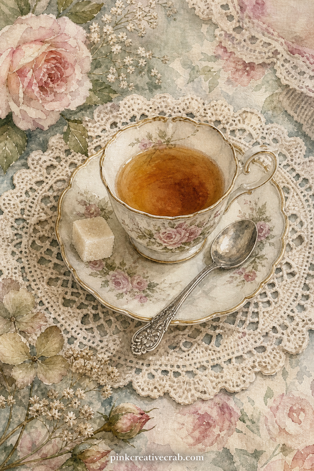 Lace Doily and Teacup Page printable page — Best suited to a reader who collects real doilies: leave a little blank corner here for gluing in an actual lace