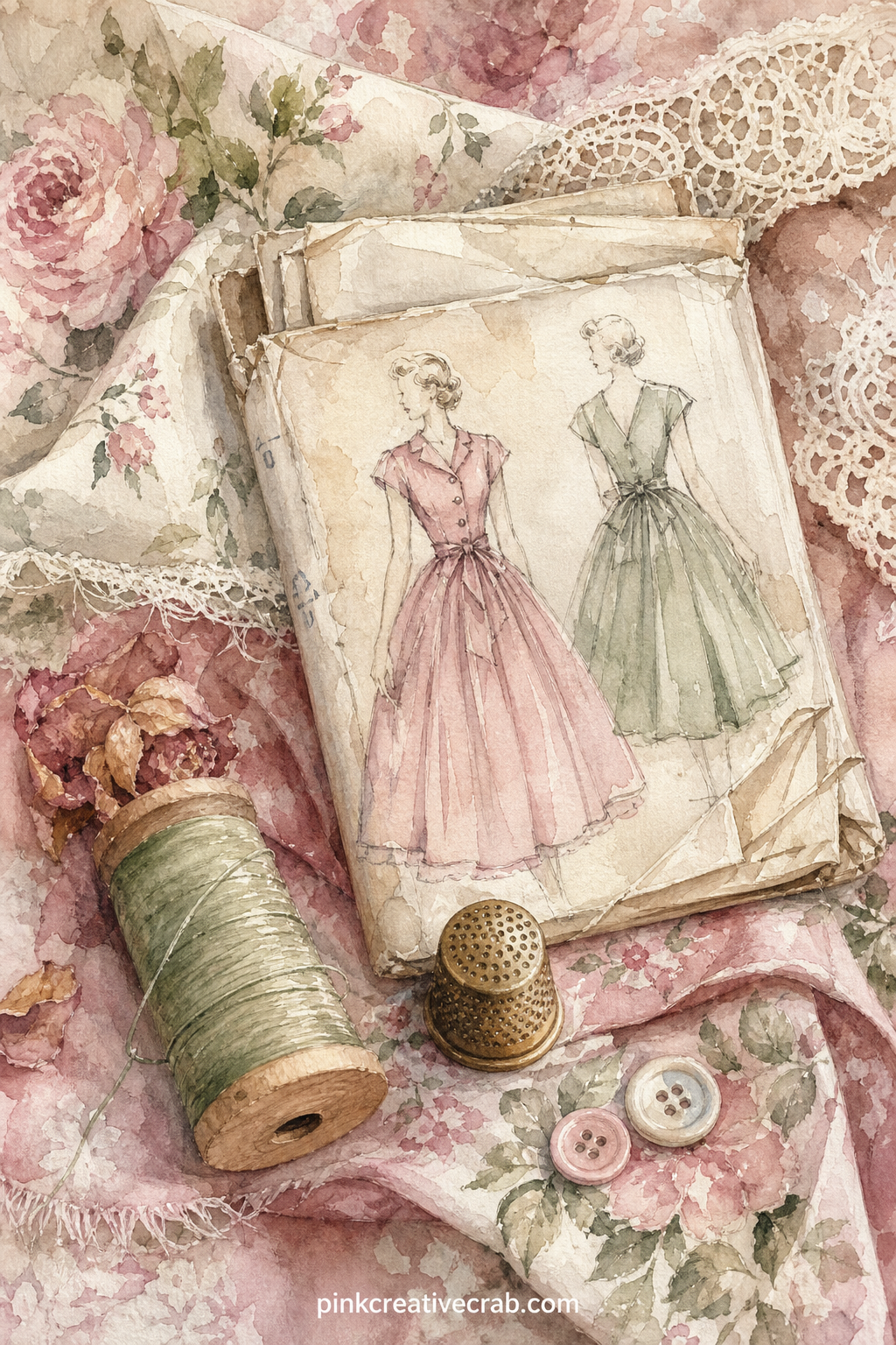 Sewing Pattern Page printable page — A folded tissue sewing pattern, a spool of thread and a loose button sit together here, the pattern's printed lines faint