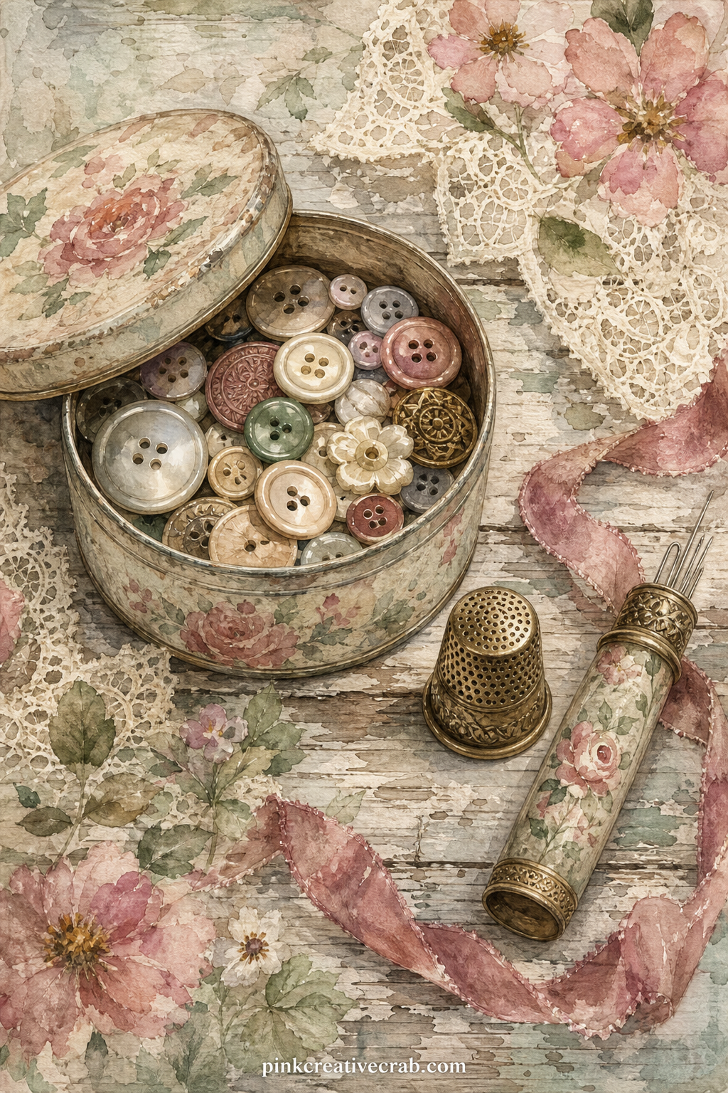 Button Tin and Thimble Page printable page — The usual mistake with this page is scattering too many buttons: keep five or six, grouped near the tin, and let