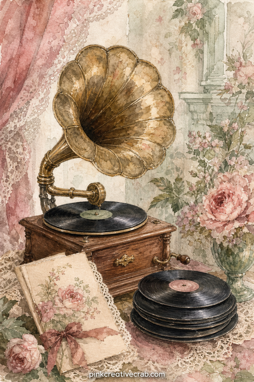 Gramophone and Record Page printable page — A brass-horned gramophone and a stack of records sit beside a folded dance card, the needle resting mid-groove as
