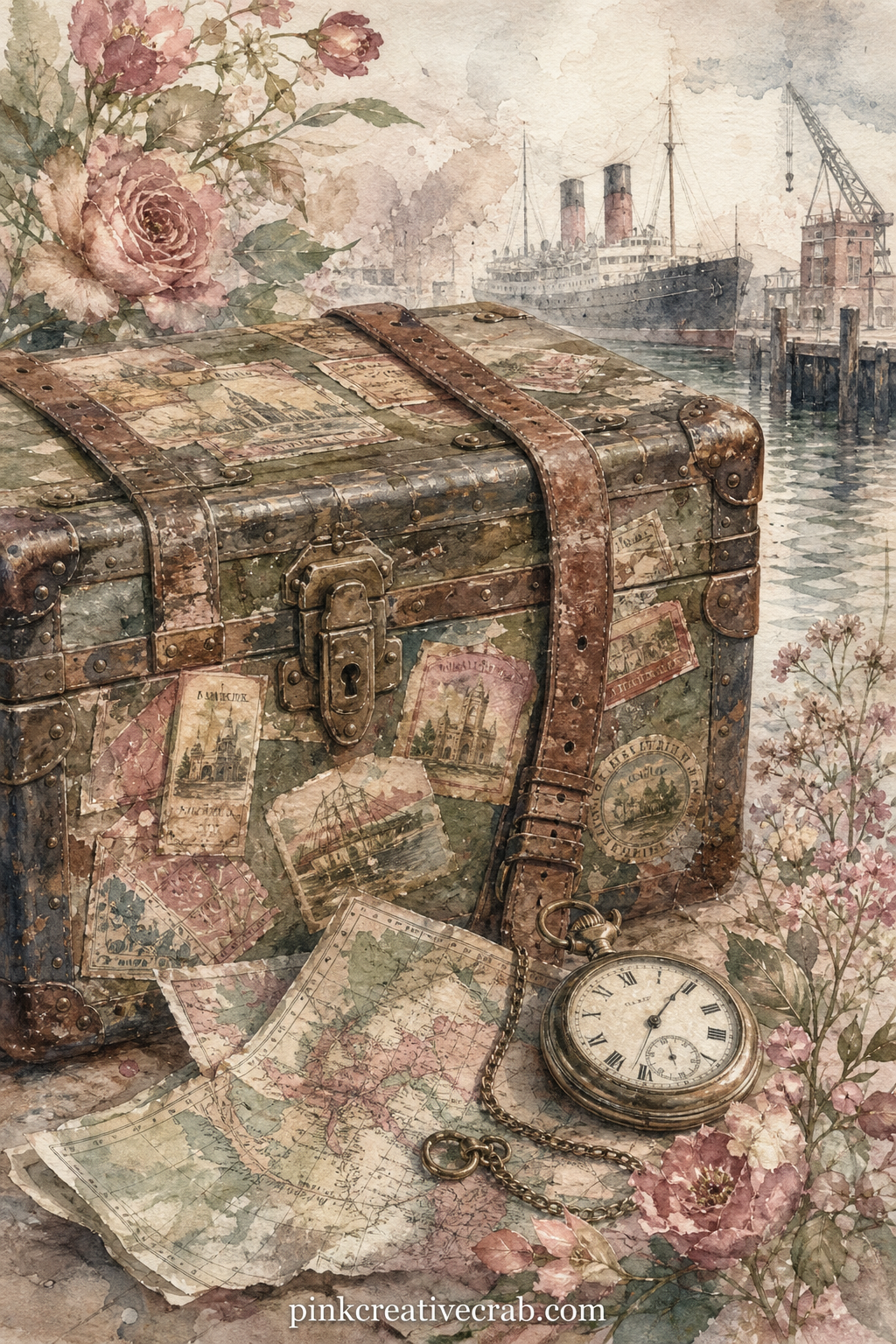 Steamer Trunk Travel Page printable page — Tea-stain just the edges of this page before gluing it in, so the trunk's painted straps and the travel labels look