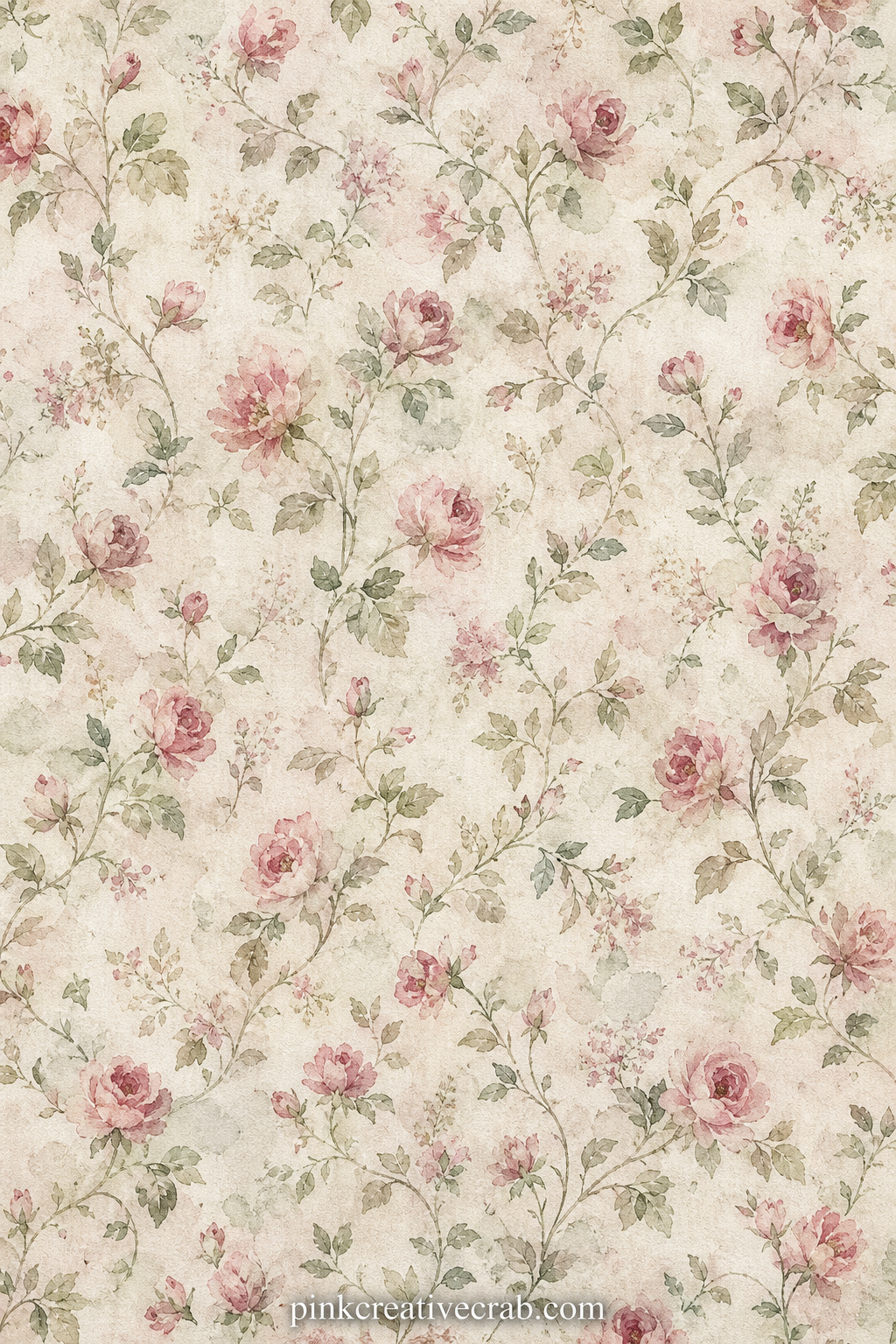 Vintage Wallpaper Floral Pattern printable page — Small faded roses and trailing stems repeat edge to edge in this dusty rose and sage pattern, suited to a