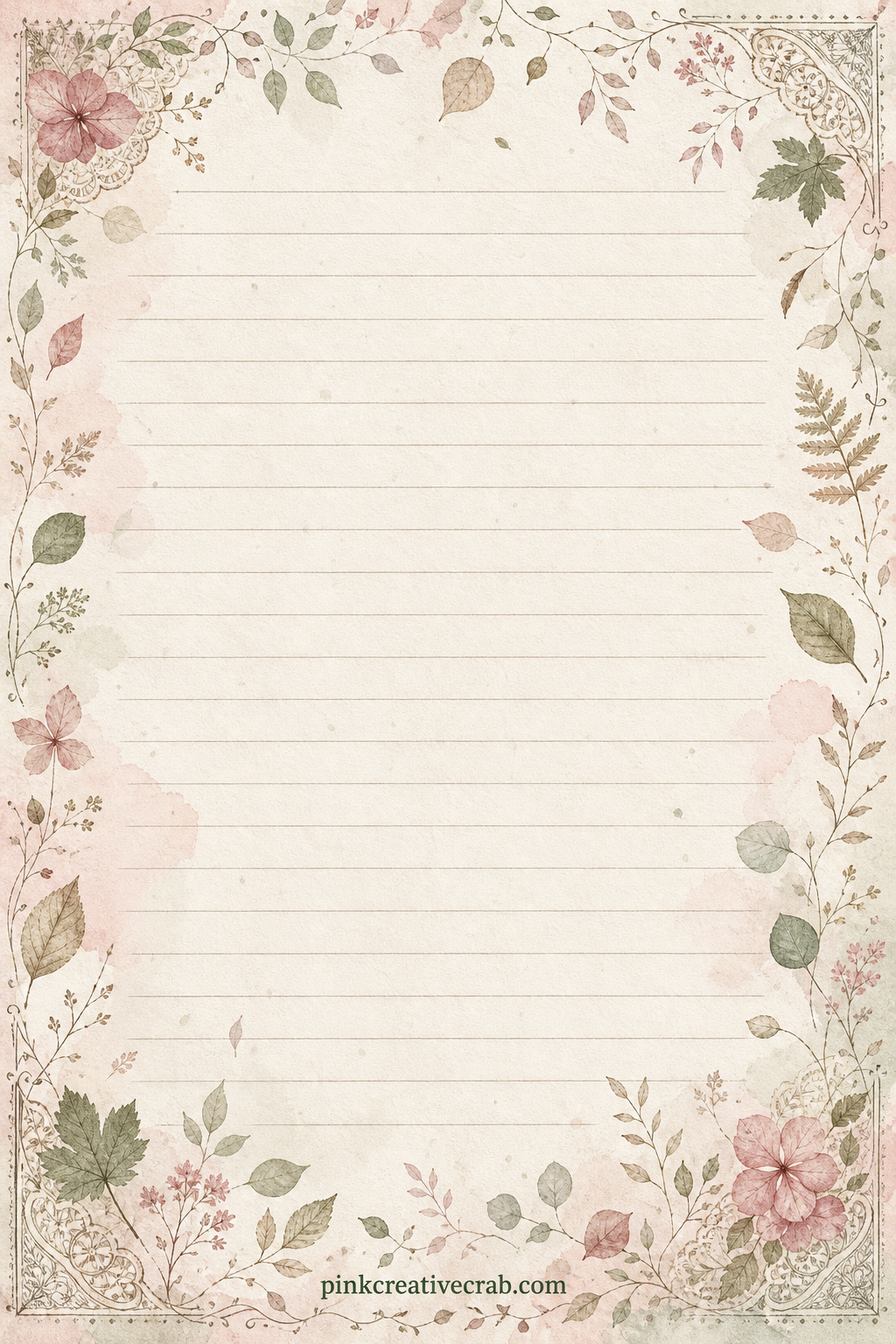Botanical Pressed Leaf Pattern printable page — Small pressed leaves and thin stems scatter evenly across the page, fitting under a photograph, lining a