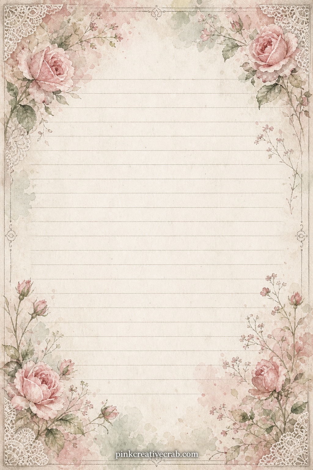 Rose Corner Lined Page printable page — Faded roses trail across each corner here, leaving the ruled center open for a gift list, a letter to next year, or a