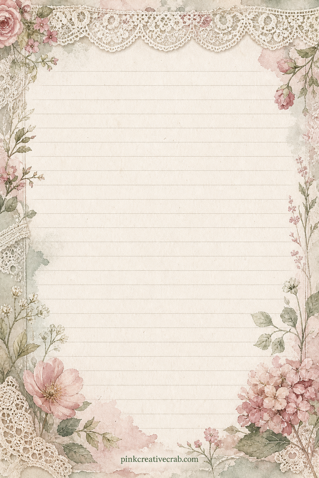 Lace Border Lined Page printable page — A scalloped lace band runs along the top edge, framing lines left open for a recipe copied from a relative, a packing