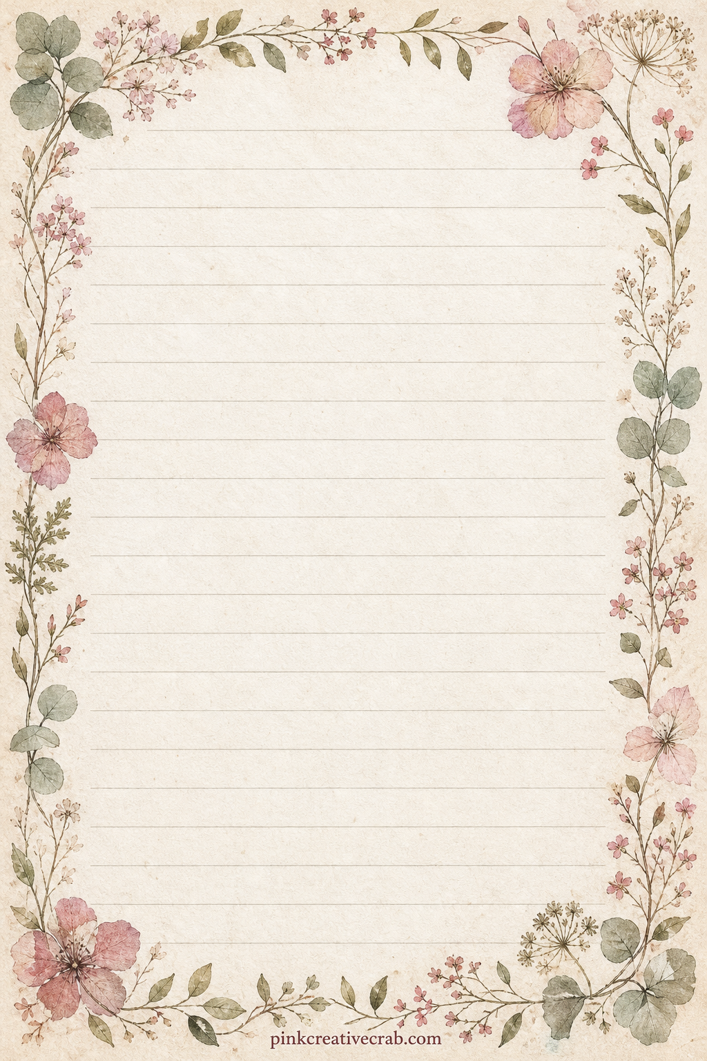 Botanical Frame Lined Page printable page — Small pressed leaves and stems frame the page on all four sides, the lined middle left open for a garden log, a