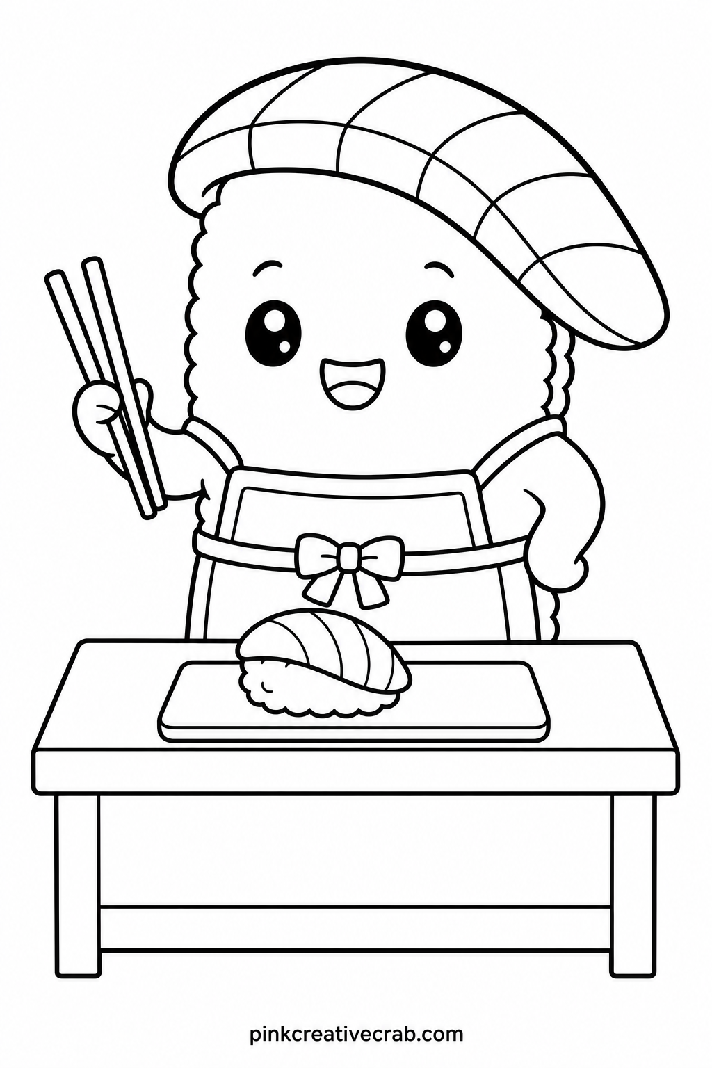 Nigiri Chef Behind The Counter printable page — Stand this smiling nigiri character behind a short sushi counter, apron tied on, holding tiny chopsticks, a