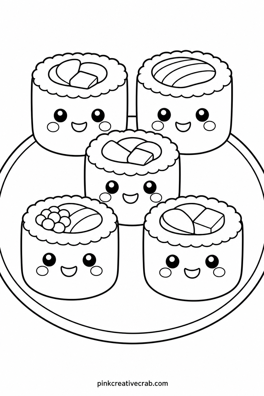 Sushi Family On A Plate printable page — Rounded sushi rolls sit together on one plate like a little family, each with a different tiny face, which makes this