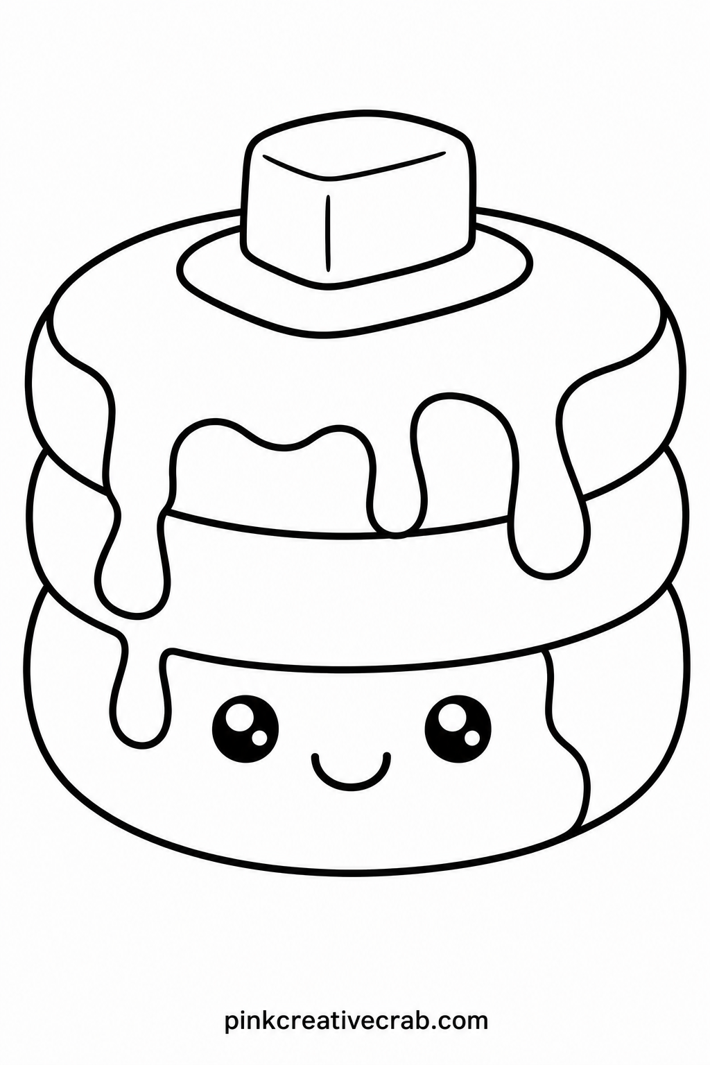 Pancake Stack With Butter Hat printable page — Three round pancakes stack up with a pat of butter sitting on top like a little hat, melting syrup drips down