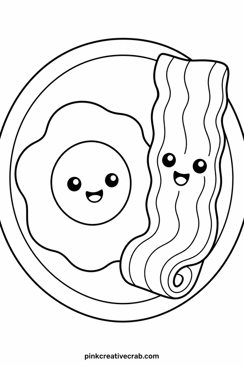 Egg And Bacon Smiling Duo printable page — A fried egg with a round smiling face leans against a curled strip of bacon with its own tiny grin, both sitting