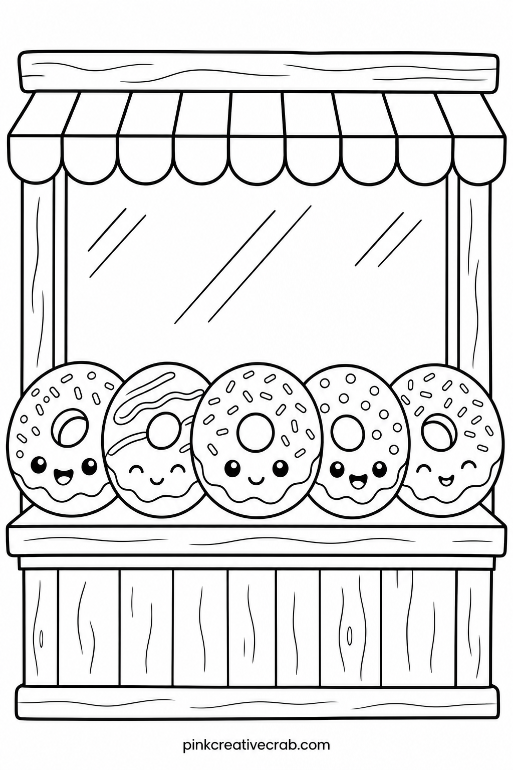 Donut Shop Window Display printable page — The usual mistake here is coloring every donut the same shade and losing the shop window feel, so pick one main