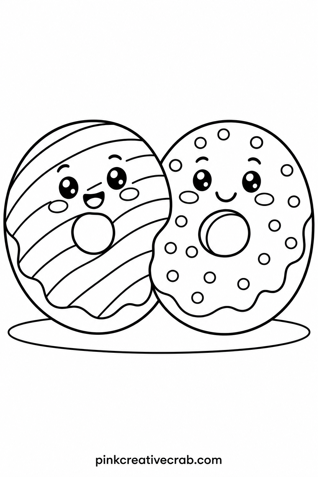 Sprinkle Donut Best Friends printable page — Two round donuts lean together like best friends, one covered in stripes of icing and one covered in dot