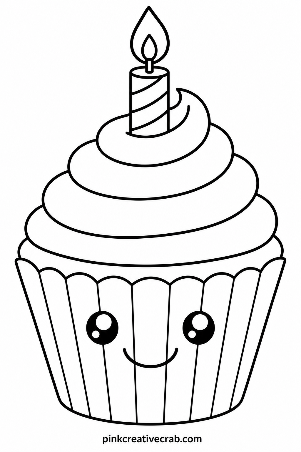 Cupcake With Candle Face printable page — This is a fast ten minute page, good for a short attention span between other activities: color the cupcake wrapper