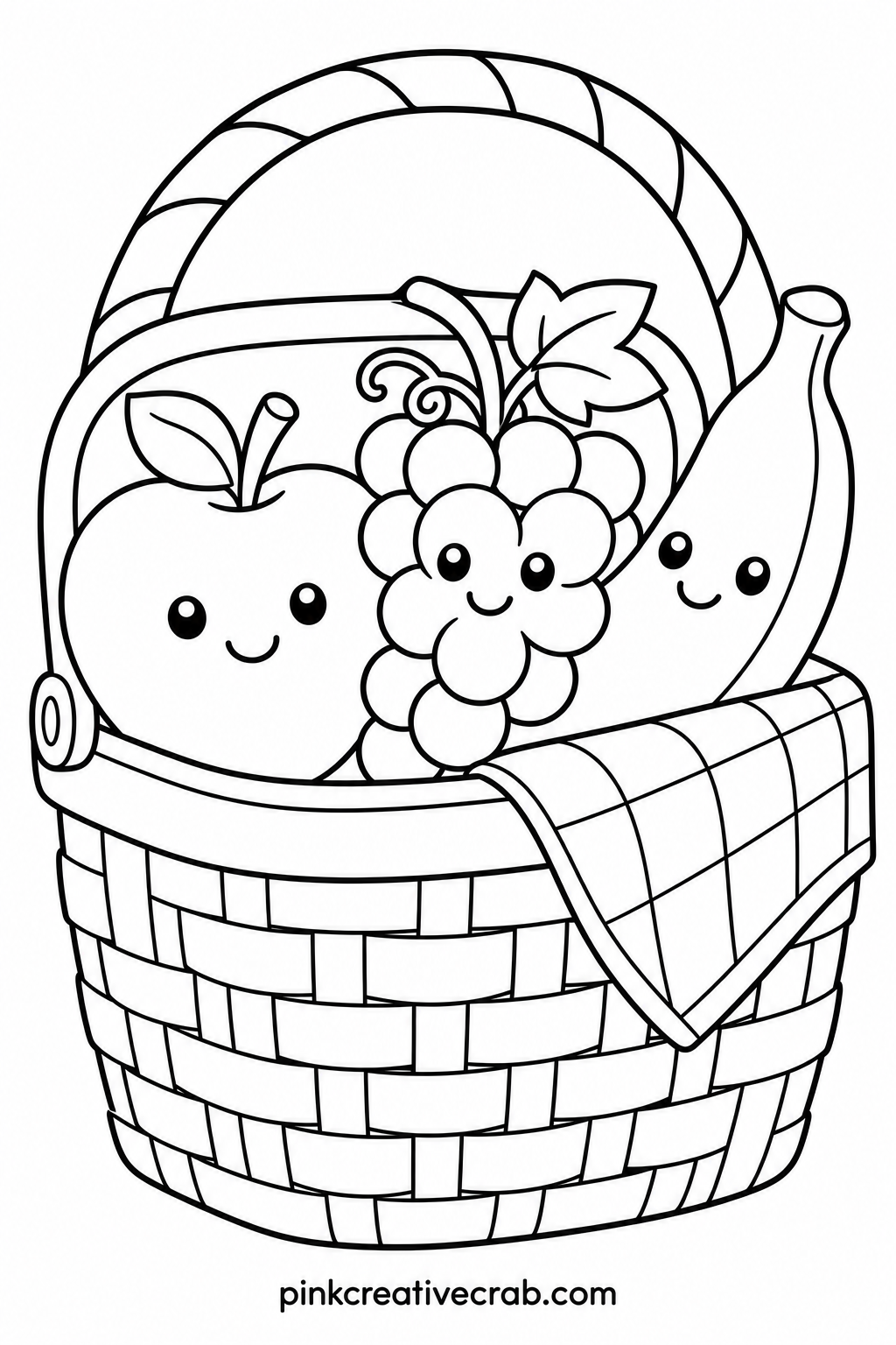 Picnic Basket With Fruit printable page — A woven picnic basket sits open with a round apple, a bunch of grapes, and a banana peeking out the top, each piece