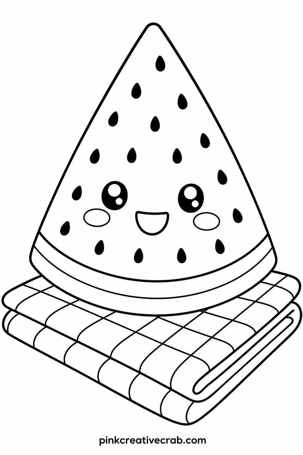 Watermelon Slice On A Blanket printable page — Fine liner pens work best for the watermelon seeds, since a thick marker tip will make them blur into the pink