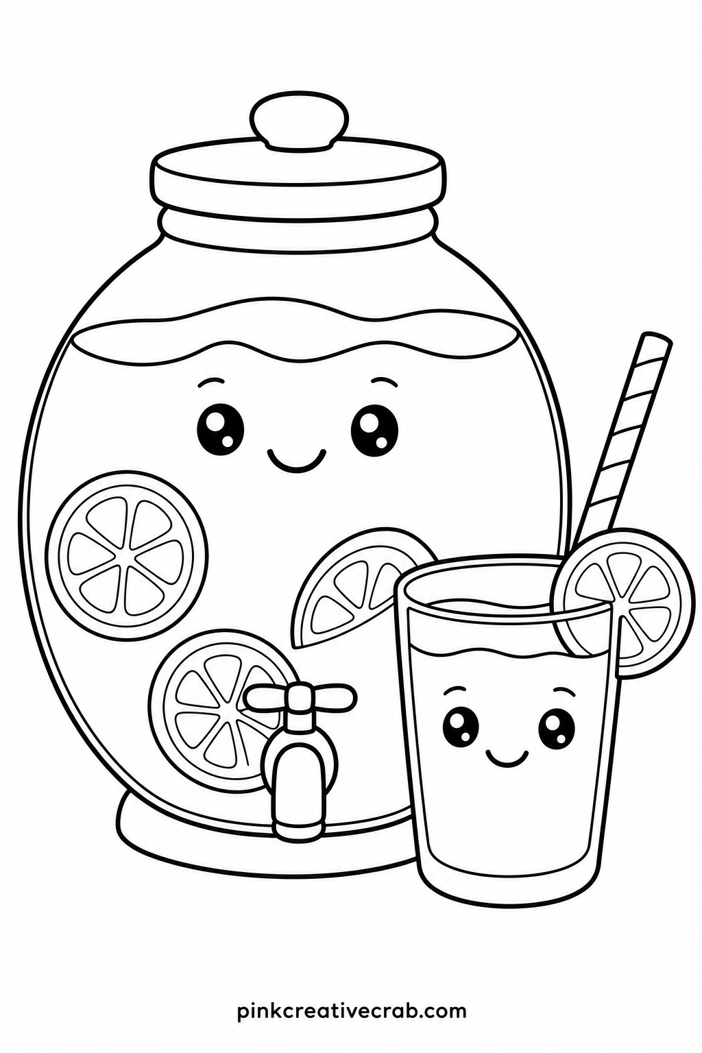 Lemonade Jug And Glass printable page — Ask the colorer what flavor this lemonade should be before starting, pink, yellow, or orange, since the jug and its