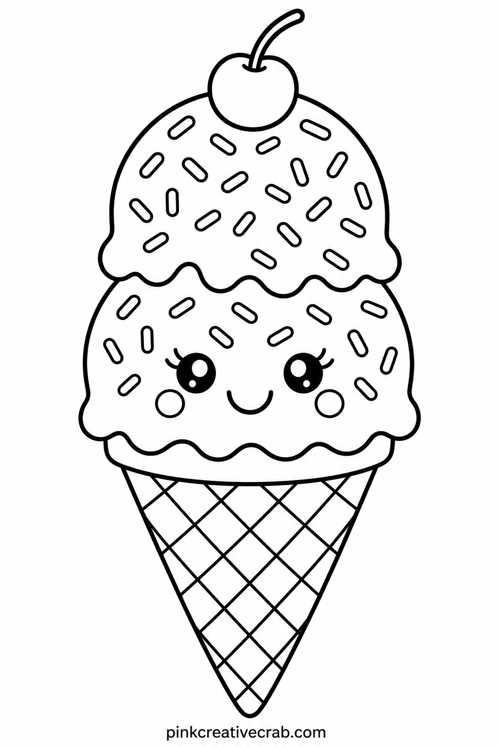 Ice Cream Cone With Sprinkles printable page — A double scoop ice cream cone leans slightly to one side, sprinkles scattered across both scoops, a cherry