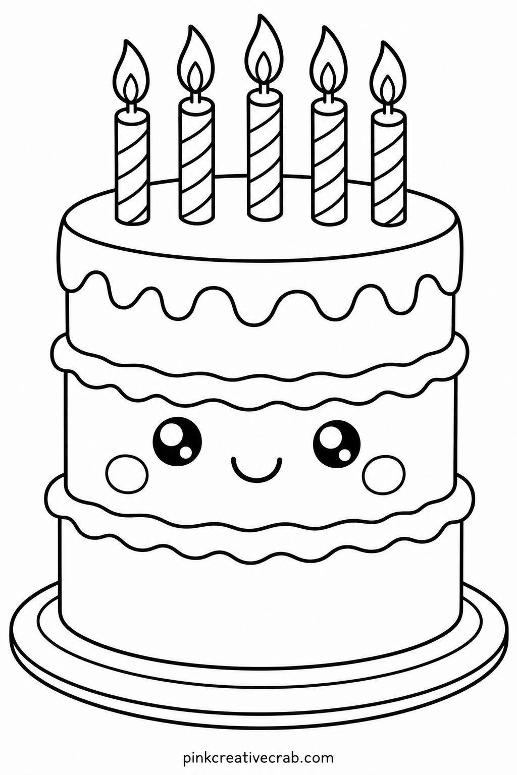 Birthday Cake With Candles printable page — A younger child can color the layers of this cake in simple solid bands, pink, white, pink, while an older sibling