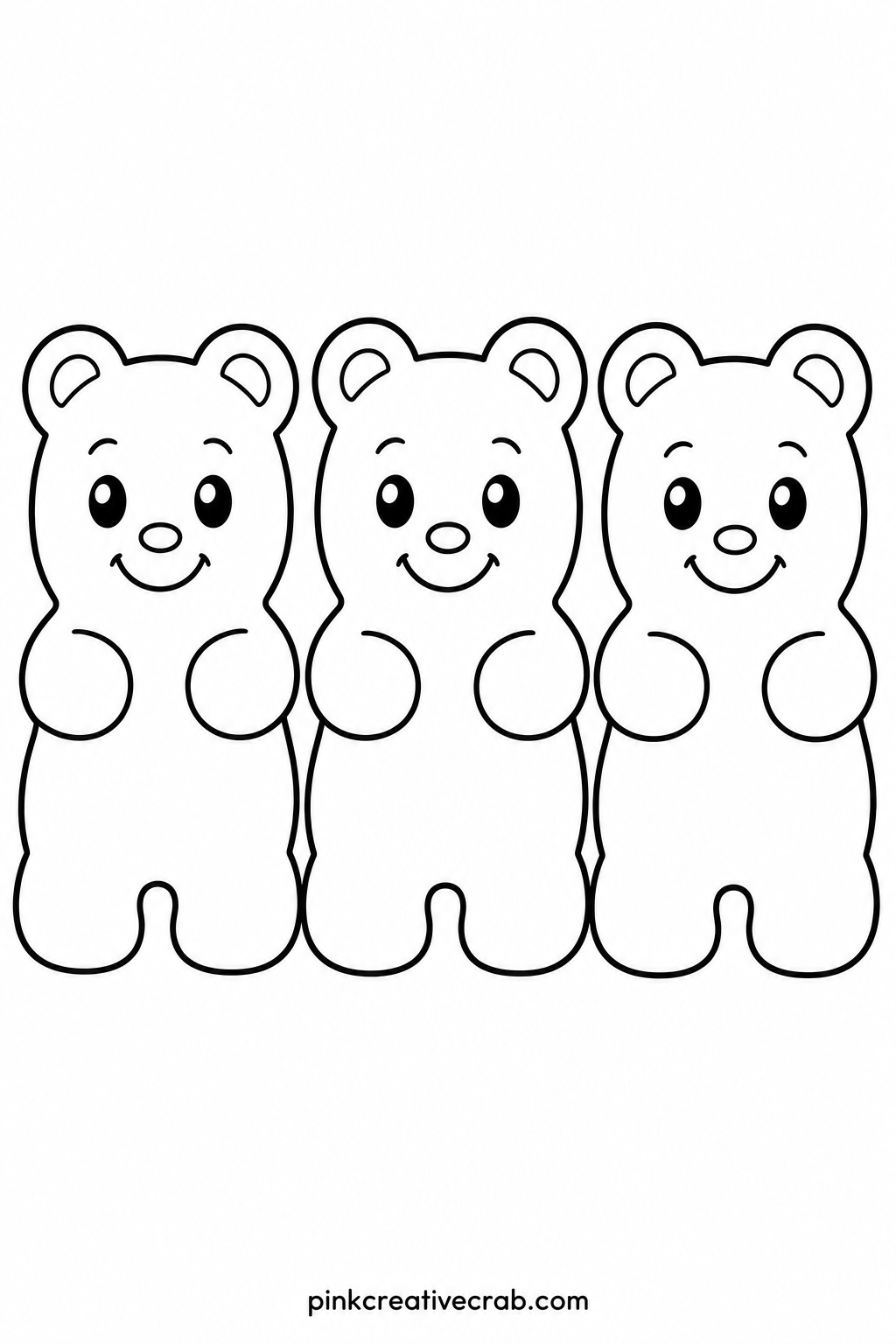 Gummy Bear Trio printable page — Three gummy bear characters stand side by side, each a different simple shape and each with its own smiling face, small enough