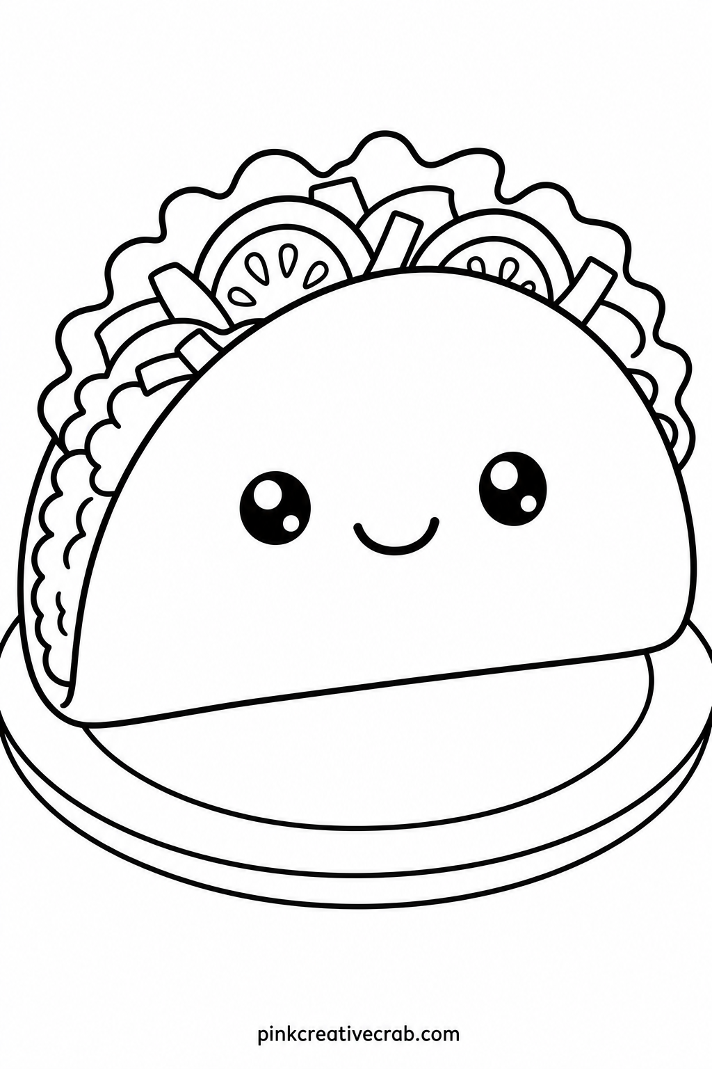 Taco With Happy Face printable page — Pair this page with the sushi family sheet for a lunchbox theme that mixes savory foods together, a nice set to color