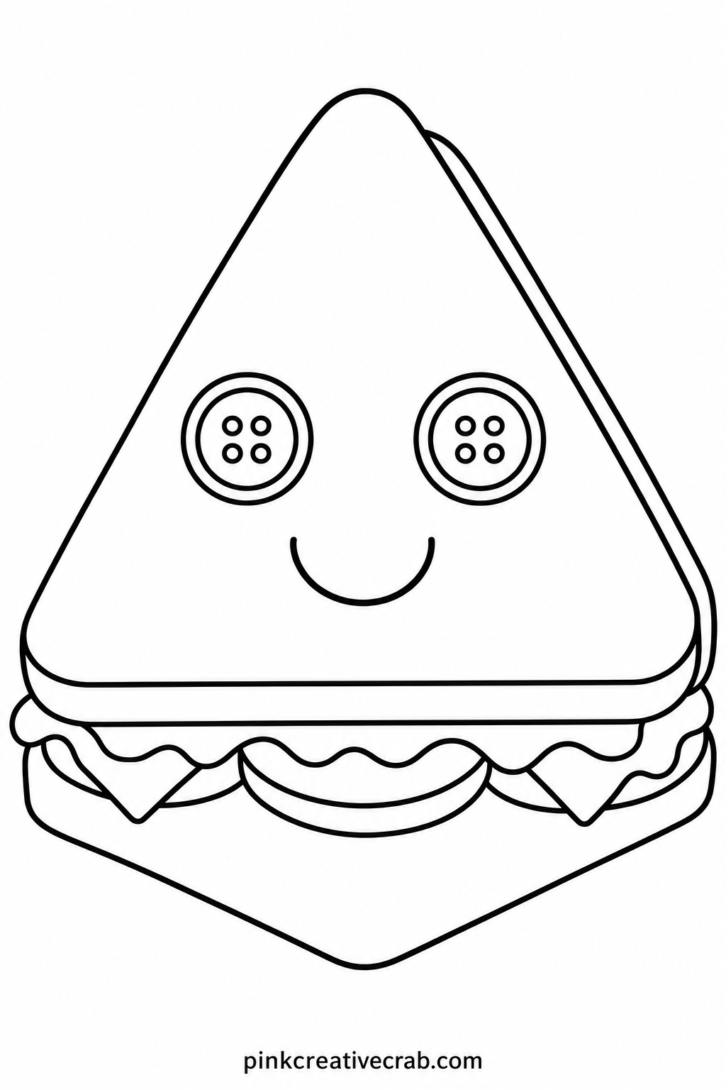 Sandwich With Button Eyes printable page — A triangle sandwich with two slices of bread and a visible filling layer has simple round button eyes and a curved