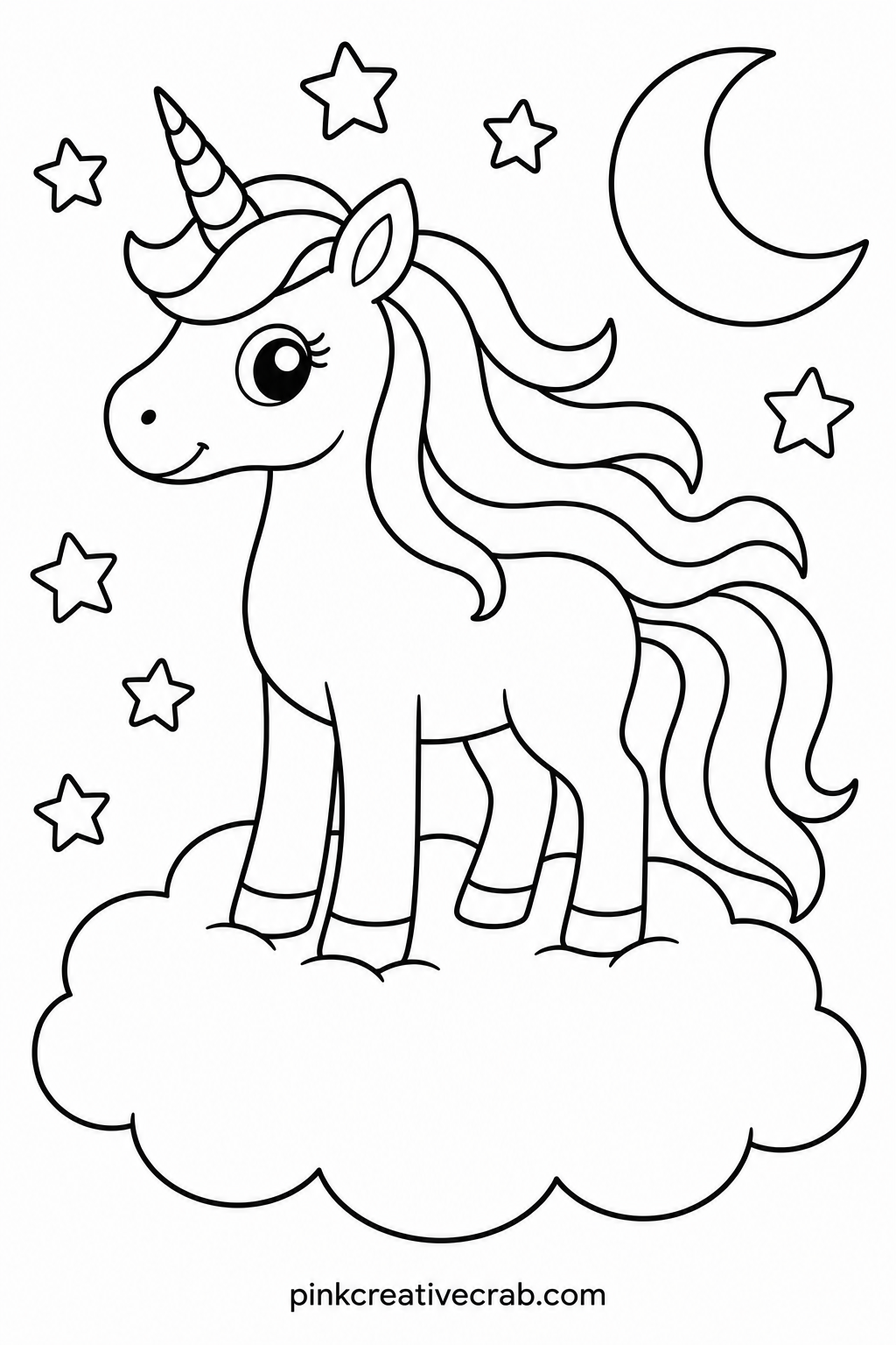 Unicorn On A Cloud printable page — Fits children who love big sky scenes and want to use every blue and purple in the box, since the cloud and the sky around