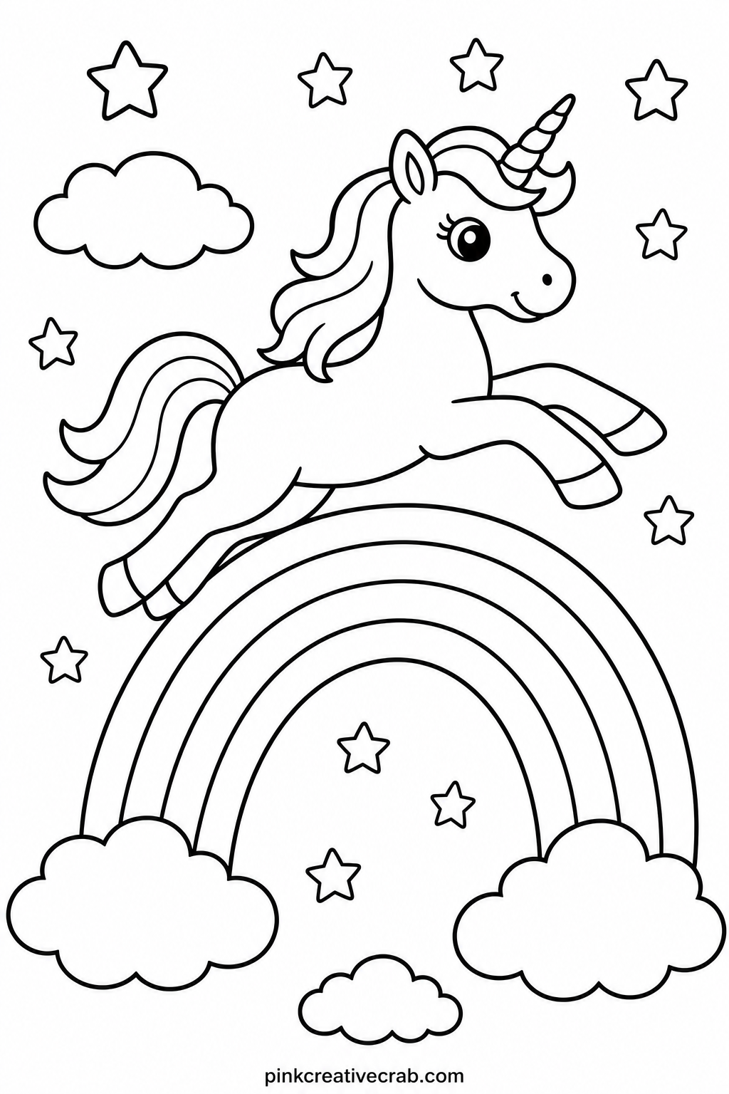 Unicorn Leaping Over A Rainbow printable page — Markers work well here because the rainbow has clean separate bands to fill one at a time, so start at the top